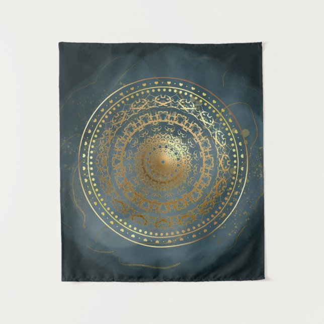 Tapete De Parede Floreio ornamentado azul e dourado (Frente)