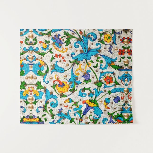 TAPETE DE PAREDE FLORENTINA RENAISSÂNCIA CHUVAS FLORAIS AZUIS, FLOR (Frente (Horizontal))