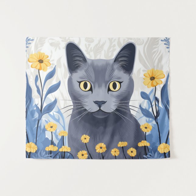 Tapete De Parede Flores Amarelas do Gato Azul Russo (Frente (Horizontal))