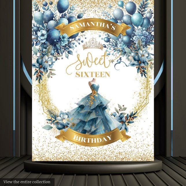 Tapete De Parede Flores Azuis e Douradas Festa de Quinze Anos no Mu (Blue and Gold Flowers Sweet Sixteen Party Wall Tapestry )