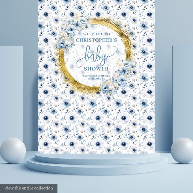 Tapete De Parede Flores azuis pastéis clássicas com dourado foto de (Classic pastel blue flowers gold baby shower photo Tapestry)