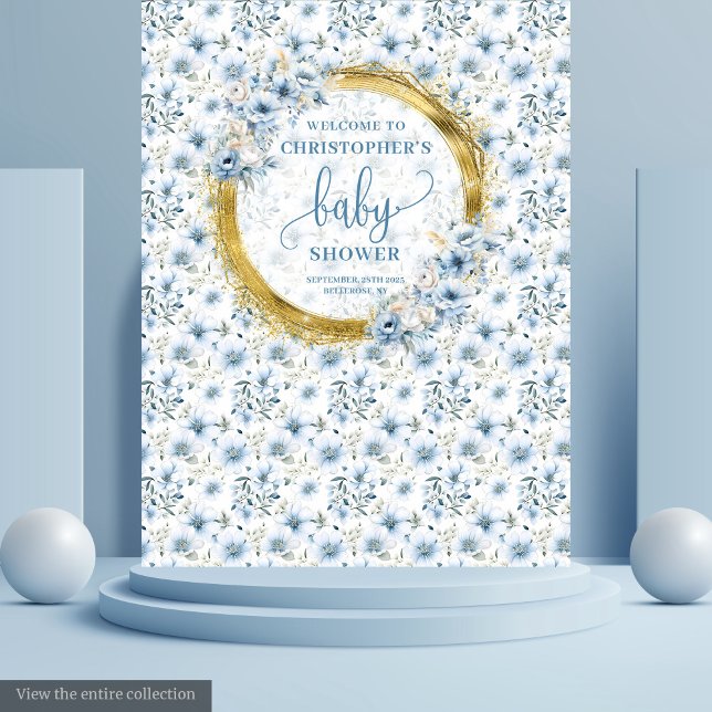 Tapete De Parede Flores azuis pastéis elegantes chá de bebê menino  (Stylish pastel blue flowers gold boy baby shower Tapestry )
