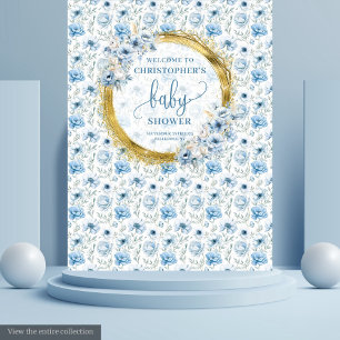Tapete De Parede Flores azuis pastel adoráveis chá de bebê dourado