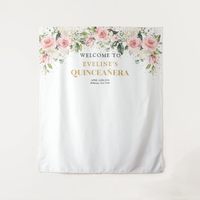 Tapete De Parede Flores-chic, eucalipto, ouro Quinceanera (Frente)