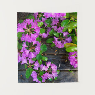 Tapete De Parede Flores cor-de-rosa azáleas, grão de madeira de qui