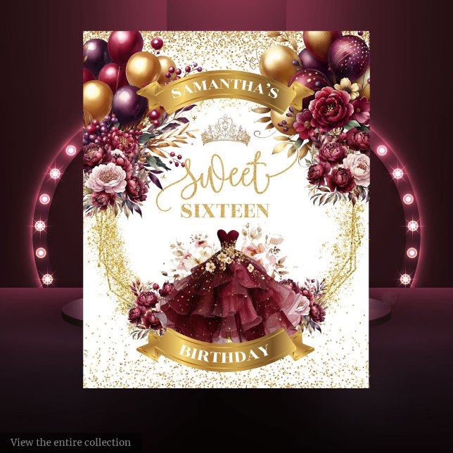 Tapete De Parede Flores de Aquarela Douradas E Brilhantes 16 (Burgundy Gold Sweet 16 Backdrop Watercolor Flowers)