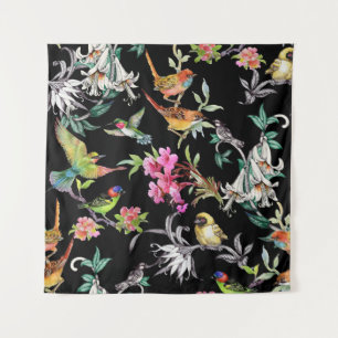 Tapete De Parede Flores de Aves Tropicais: Padrão de Aquarela