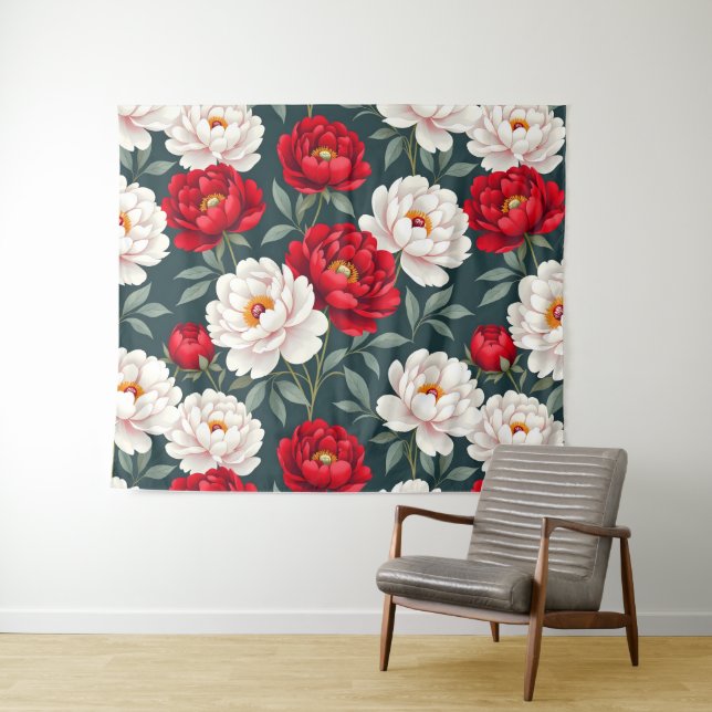 Tapete De Parede Flores de peônia vermelhas e brancas (In Situ (Horizontal))
