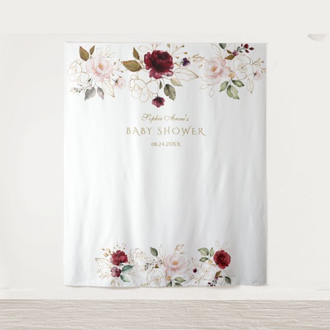 Tapete De Parede Flores Douradas Blush Burgundy Foto de Casamento B (Frente)