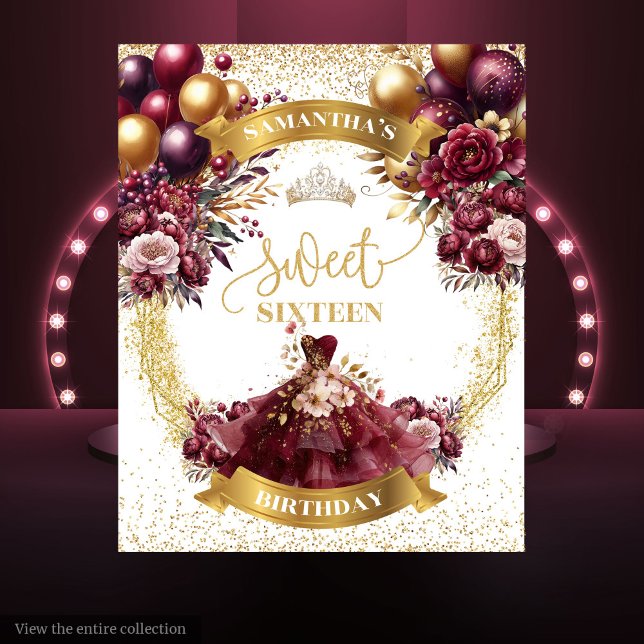 Tapete De Parede Flores Douradas de 16 Banners Burgundy Doce (Sweet 16 Banner Burgundy Flowers Gold Glitter Tapestry)