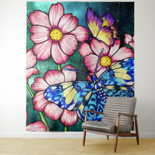 Tapete De Parede Flores e borboleta azul
