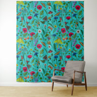 Flores e mariposas selvagens em teal