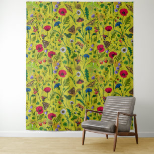 Tapete De Parede Flores e mariposas selvagens em verde