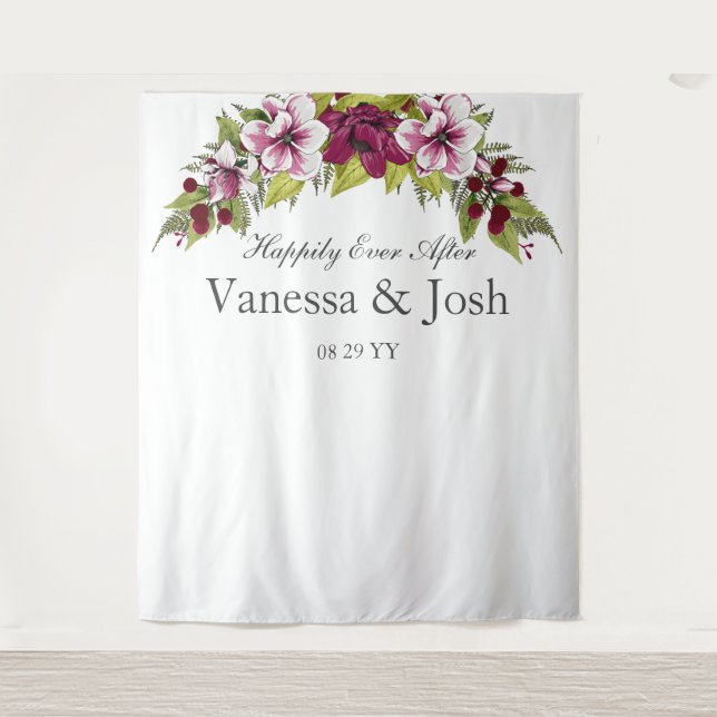 Tapete De Parede Flores Elegantes de Magenta Branco  Botânicos Verd (Frente)