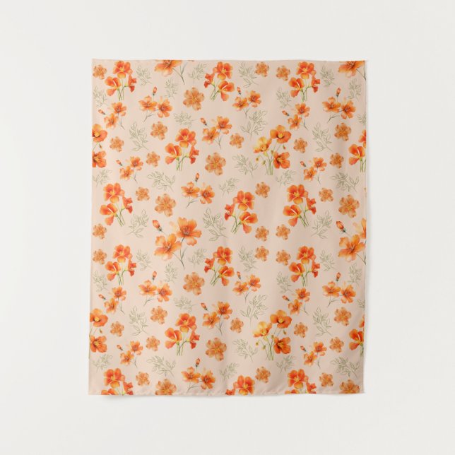 Tapete De Parede Flores Laranja com Folhas Verdes (Frente)
