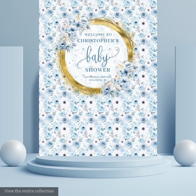Tapete De Parede Flores modernas azul poeira chá de bebê menino dou (Modern dusty blue flowers gold boy baby shower Tapestry )