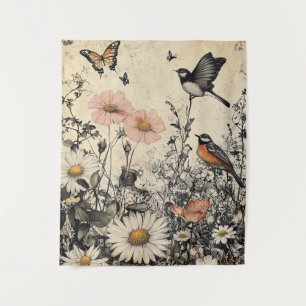 Tapete De Parede Flores, Pássaros e Borboletas em Papel Vencido (1)