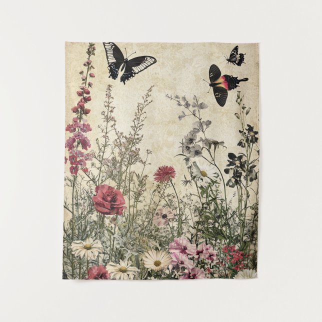 Tapete De Parede Flores, Pássaros e Borboletas em Papel Vencido (2) (Frente)