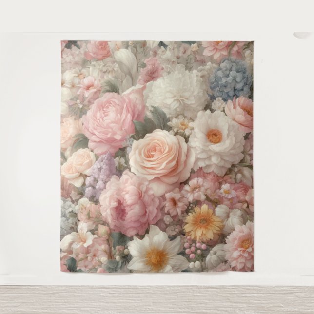 Tapete De Parede Flores Pastel Padrão Floral Rosa Chá Rústico (Frente)