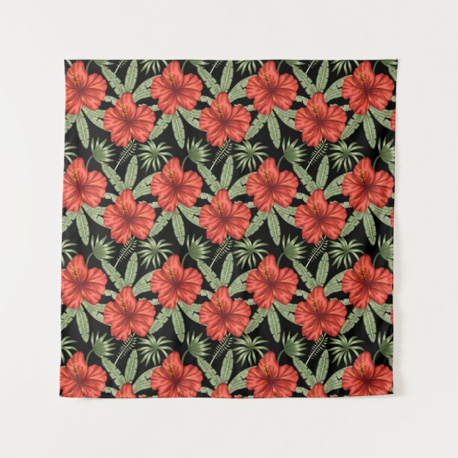 Tapete De Parede Flores tropicais vermelhas Folhas verdes (Frente)