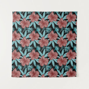 Tapete De Parede Flores vermelhas padrão uniforme tropical folhas &