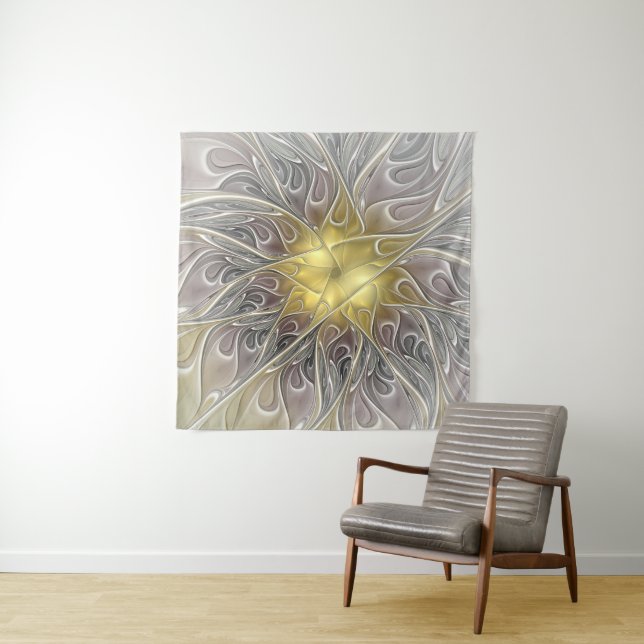 Tapete De Parede Florescer Com Flor Fractal Abstrata Moderna Dourad (In Situ)