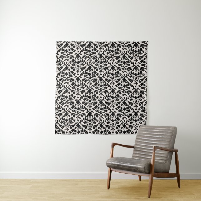 Tapete De Parede Flourish Damask Pattern Black on Cream (In Situ)