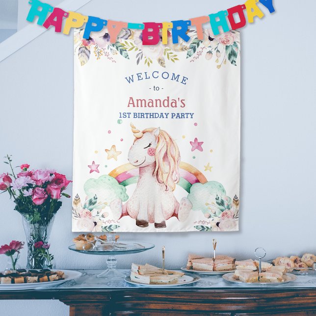 Tapete De Parede Flower Rainbow Unicorah Girl Birthday (Flower Rainbow Unicorn Girl Birthday Welcome Tapestry)