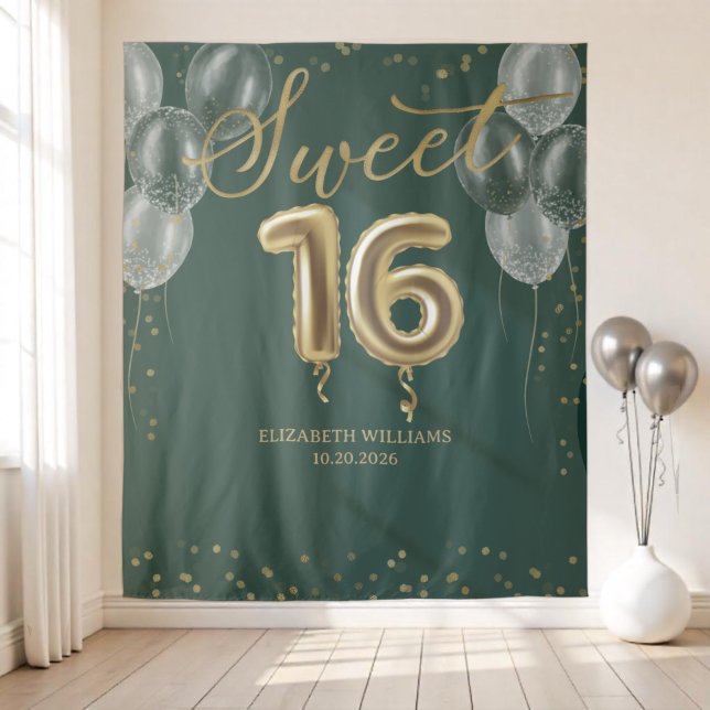 Tapete De Parede Folha de Ouro Sweet 16 Balões de Dias Fundo Verde (Criador carregado)