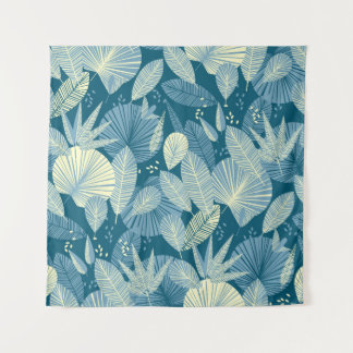 Tapete De Parede Folhagem Elegante: Padrão Tropical Azul-Cinza.