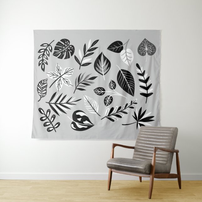 Tapete De Parede Folhas Botânicas Negras e Brancas Neutras - Cinzas (In Situ (Horizontal))