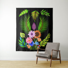 Tapete De Parede Folhas de meia-noite e flores botânicas em preto