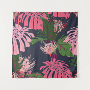 Tapete De Parede Folhas de palma tropicais, verdes e cor-de-rosa, e
