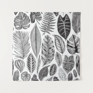 Tapete De Parede Folhas exóticas, preto e branco floral vintage.