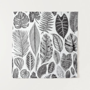 Tapete De Parede Folhas exóticas, preto e branco floral vintage.