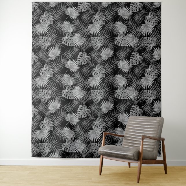 TAPETE DE PAREDE FOLHAS PADRÃO SEM EMENDAS PRETO E BRANCO  (In Situ)