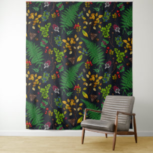 Tapete De Parede Forest berries, leaves and bugs on graphite black