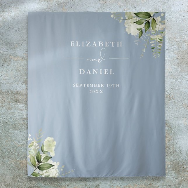 Tapete De Parede Foto de Booth de Casamento Floral Azul Dusty (Dusty Blue Floral Wedding Photo Booth Backdrop)