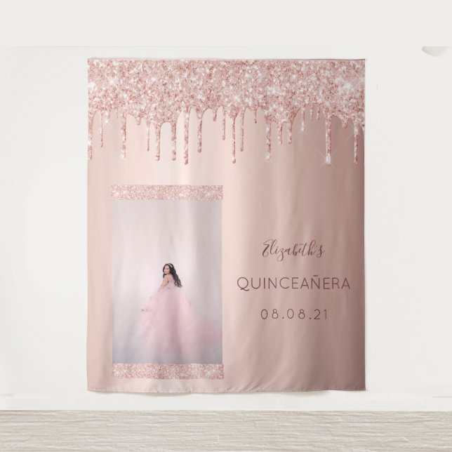 Tapete De Parede Foto em dourado rosa gotejante Quinceanera (Frente)