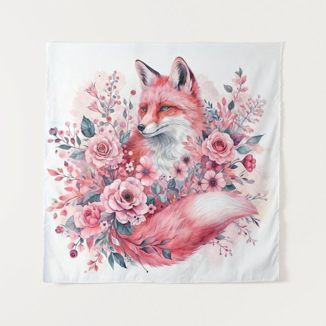 Tapete De Parede Fox Watercolor Rosa Arte Floral (Frente)