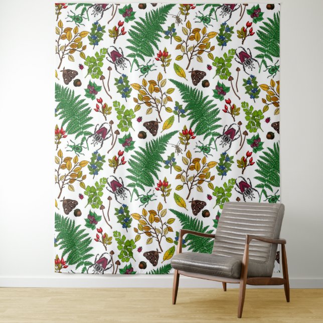 Tapete De Parede Framboesas, folhas e insetos em branco (In Situ)