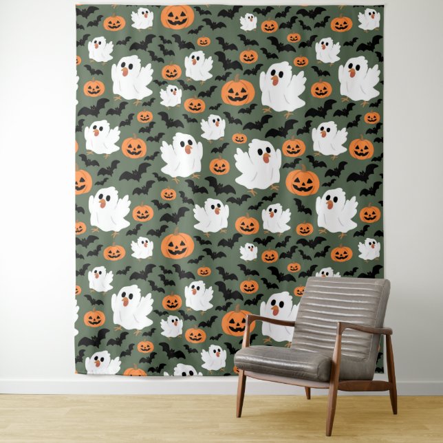 Tapete De Parede Frangos Fantasmas Cute Spooky com Pumpkins e Bats (In Situ)