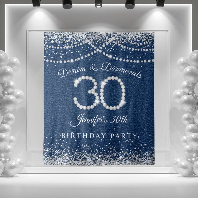 Tapete De Parede Fundo aniversário de 30 anos de Denim e Diamantes  (Denim and Diamonds 30th Birthday Party Backdrop)