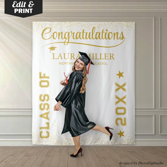 Tapete De Parede Fundo Branco e Dourado para Foto de Formatura Edit (Editable White & Gold Graduation Photo Backdrop)