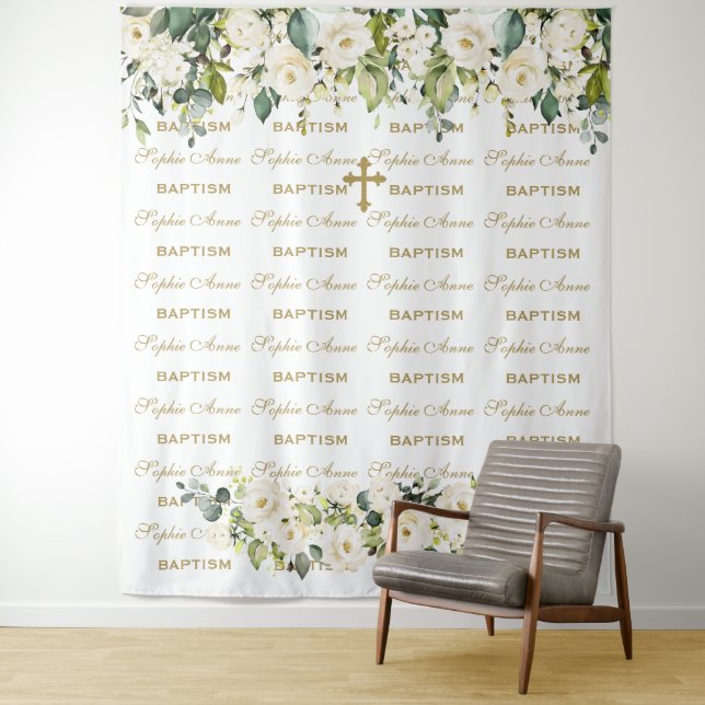 Tapete De Parede Fundo Branco Floral Dourado para Batismo com Repet (In Situ)
