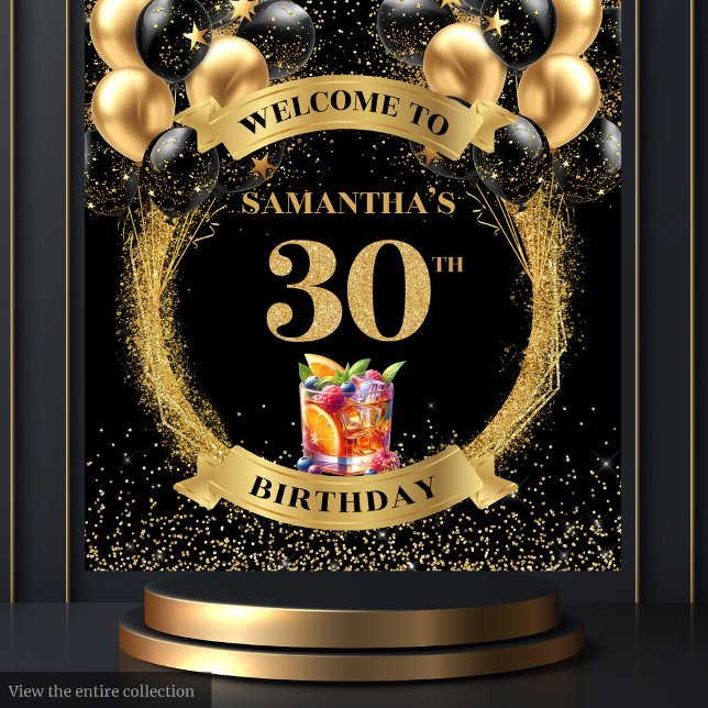 Tapete De Parede Fundo brilhante Dourado, aniversário de 30 anos, p (Elegant 30th Birthday Black Gold Glitter Backdrop)
