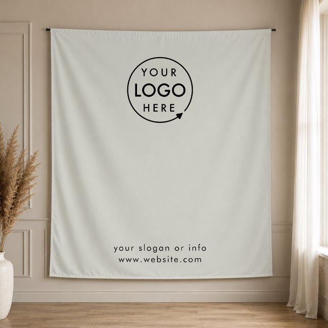 Tapete De Parede Fundo Cinza de Foto com Logotipo Empresarial Passo (Company branded professional backdrop fabric tapestry drape signs for small business promotion.)