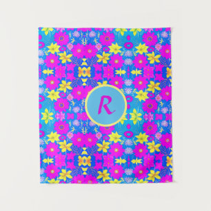Tapete De Parede Fundo com padrão de flores rosa azul amarelo adici