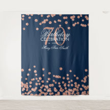 Fundo de 70º Aniversário Rosa Dourado Azul Confete