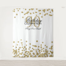 Fundo de 90º Aniversário Dourado Branco Confetes